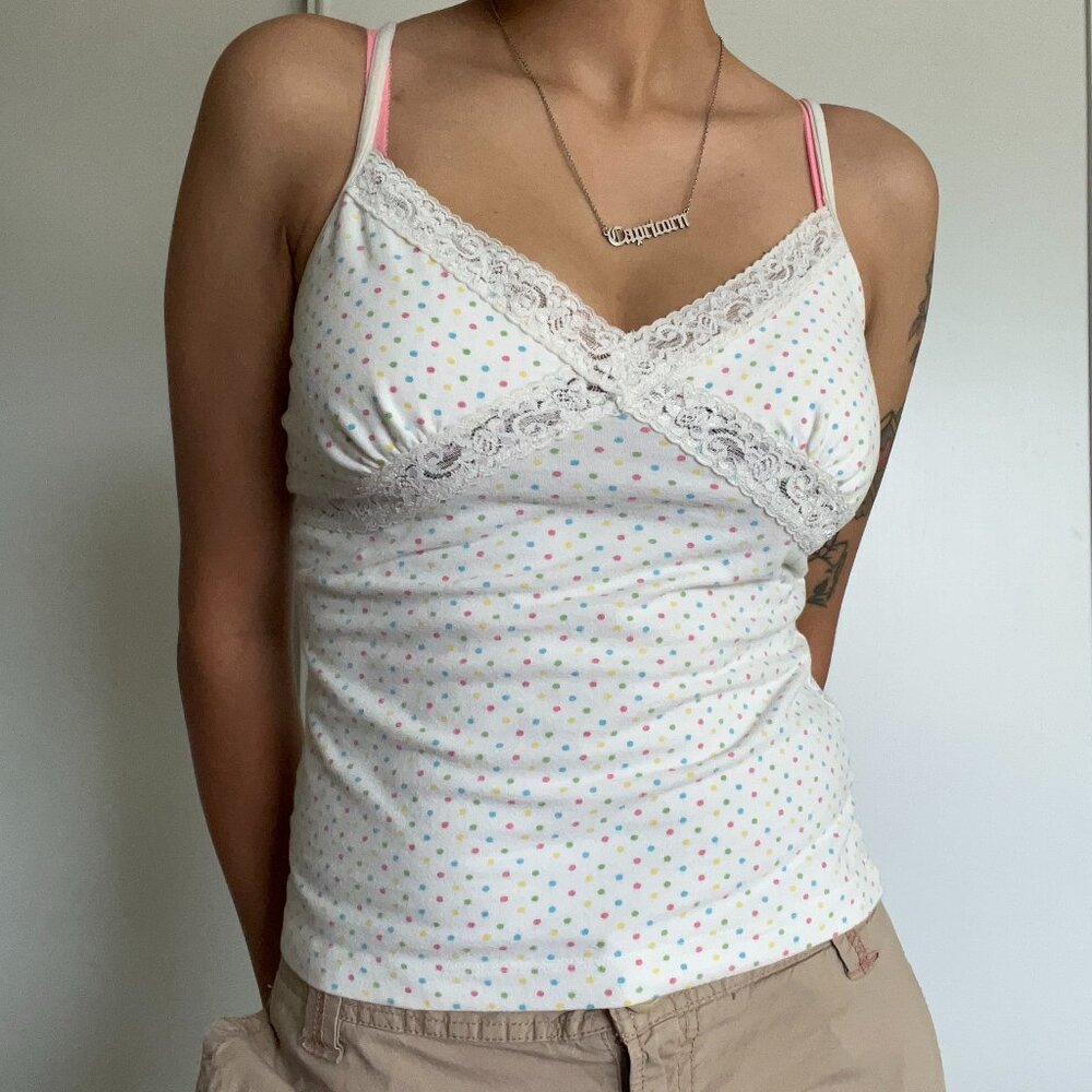 Y2K style rainbow polka dot lace camisole by Bali studio